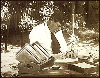 Jack London writing outside; Authors Road